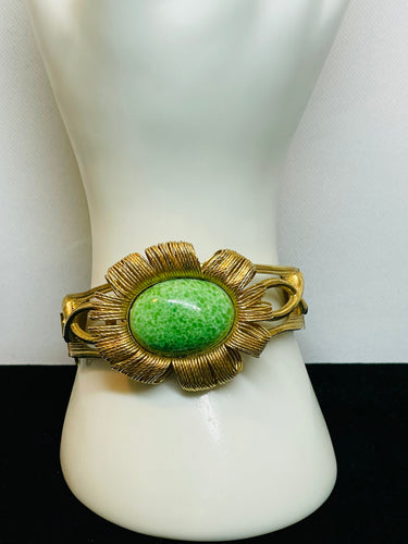 Gold and Green Flower Clamper Bracelet